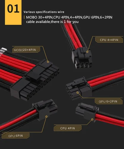 Imagen 2 del producto Barrow PC PSU Módulo Cable de extensión de alimentación 24 pines ATX GPU 6 + 2 pines CPU 4 + 4 pines 18AWG negro-blanco negro-rojo