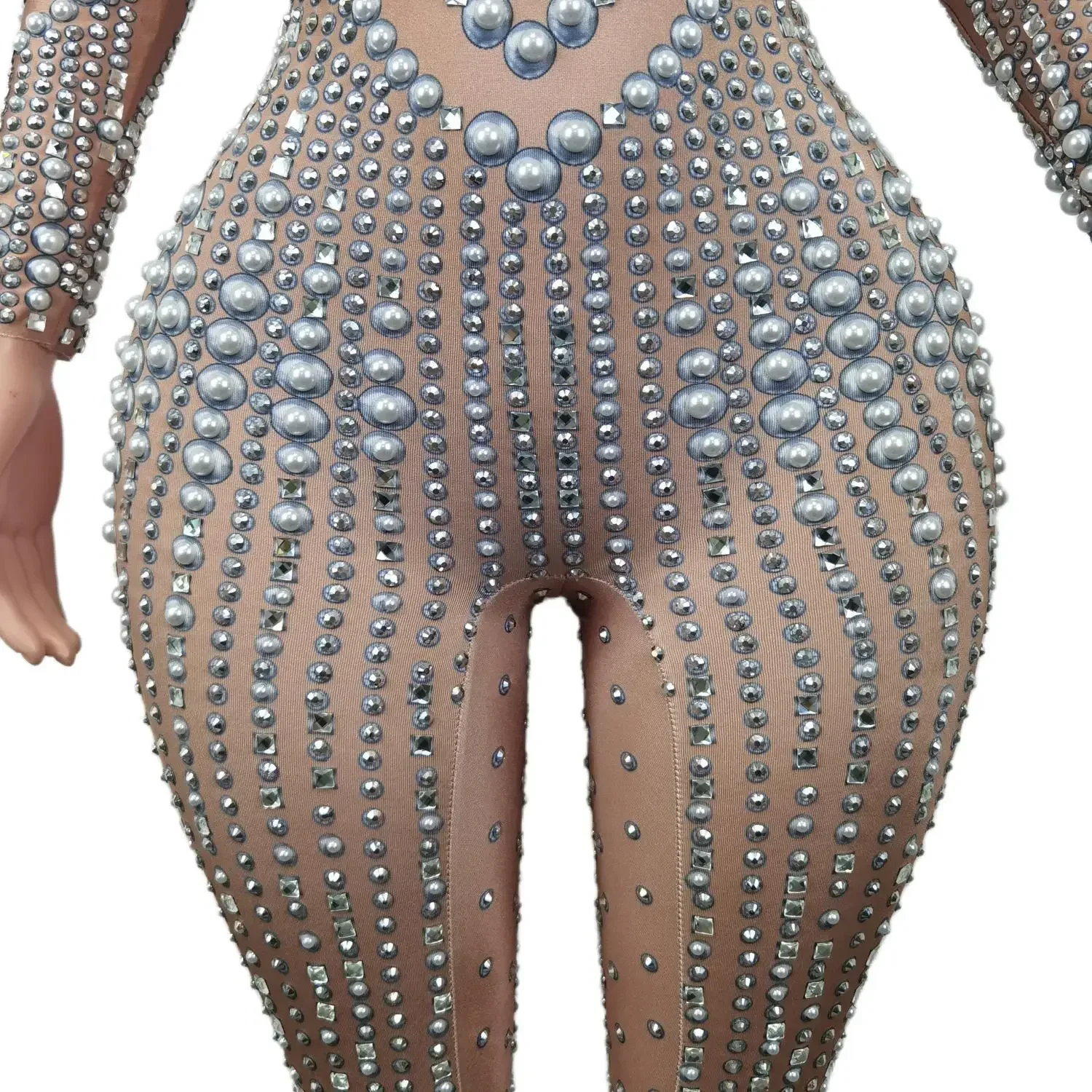 Sexy Long Sleeve Celebrate Party Birthday Bodysuits Singer Dancer Rompers Stage Wear Party Rhinestones Pears Jumpsuit for Women