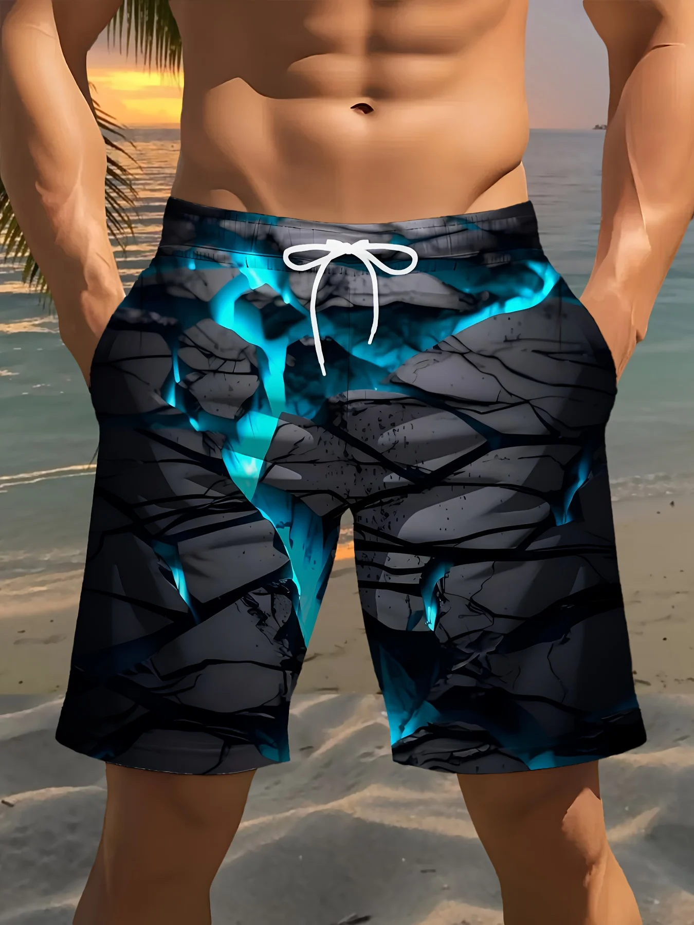 Men's Jesus Figure Coastal Cliff Seascape Print Beach Shorts Drawstring Waist Quick Dry Casual Swim Trunks 2026