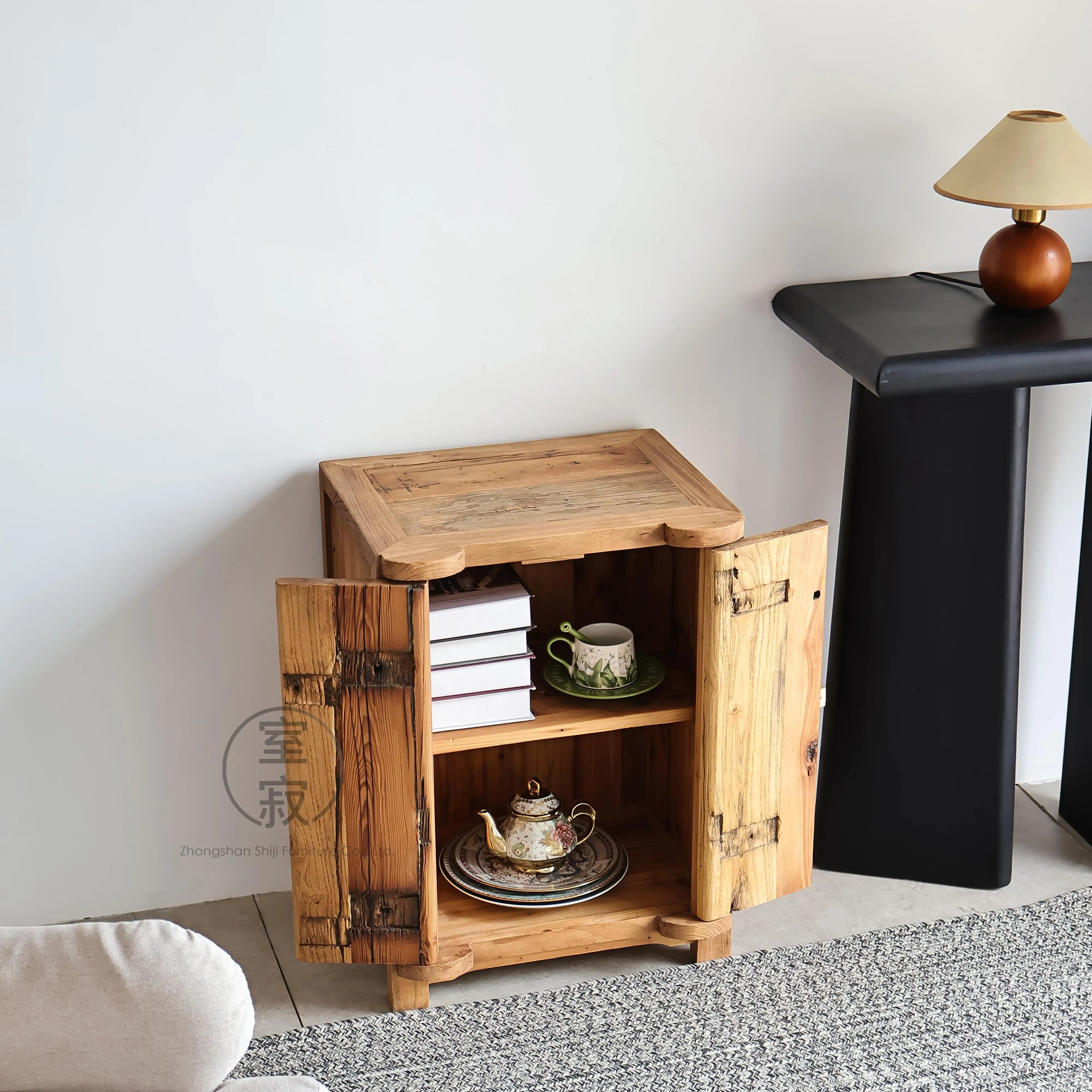 #d% SHIJI Chaji Double Door Chinese Style Mortise Tenon Structure Solid Wood Nightstand Wabi-Sabi Design Vintage Bedroom Apartme