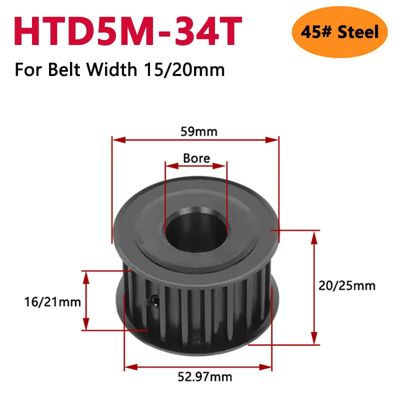 1pc 34 Teeth HTD5M 45# Steel Timing Pulley HTD 5M 34T Synchronous Wheel for Belt Width 15/20mm Bore 10 12 14 15 16 17 18 19-28mm