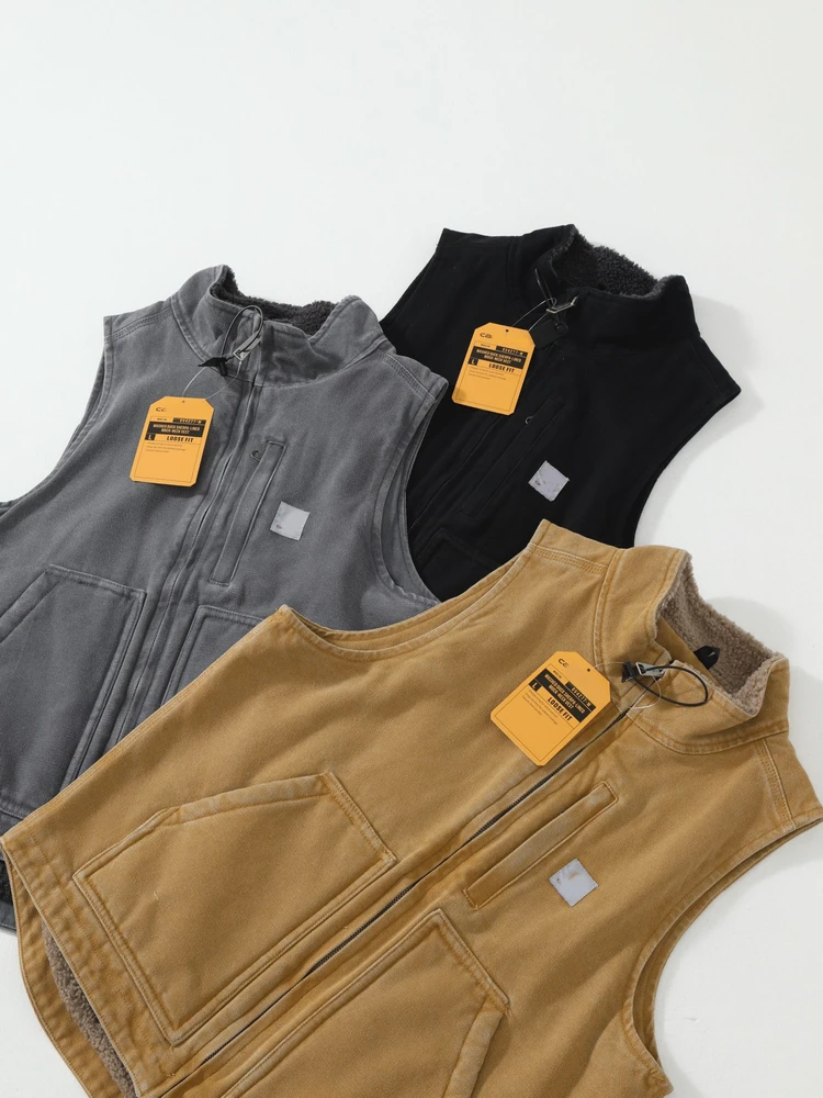 Warme Canvas-Weste, lockere Passform, schlichtes Design, Lammfell, Oulder-Pad, Decke, Karte, Auto, V33, Oberbekleidung für Herbst und Winter