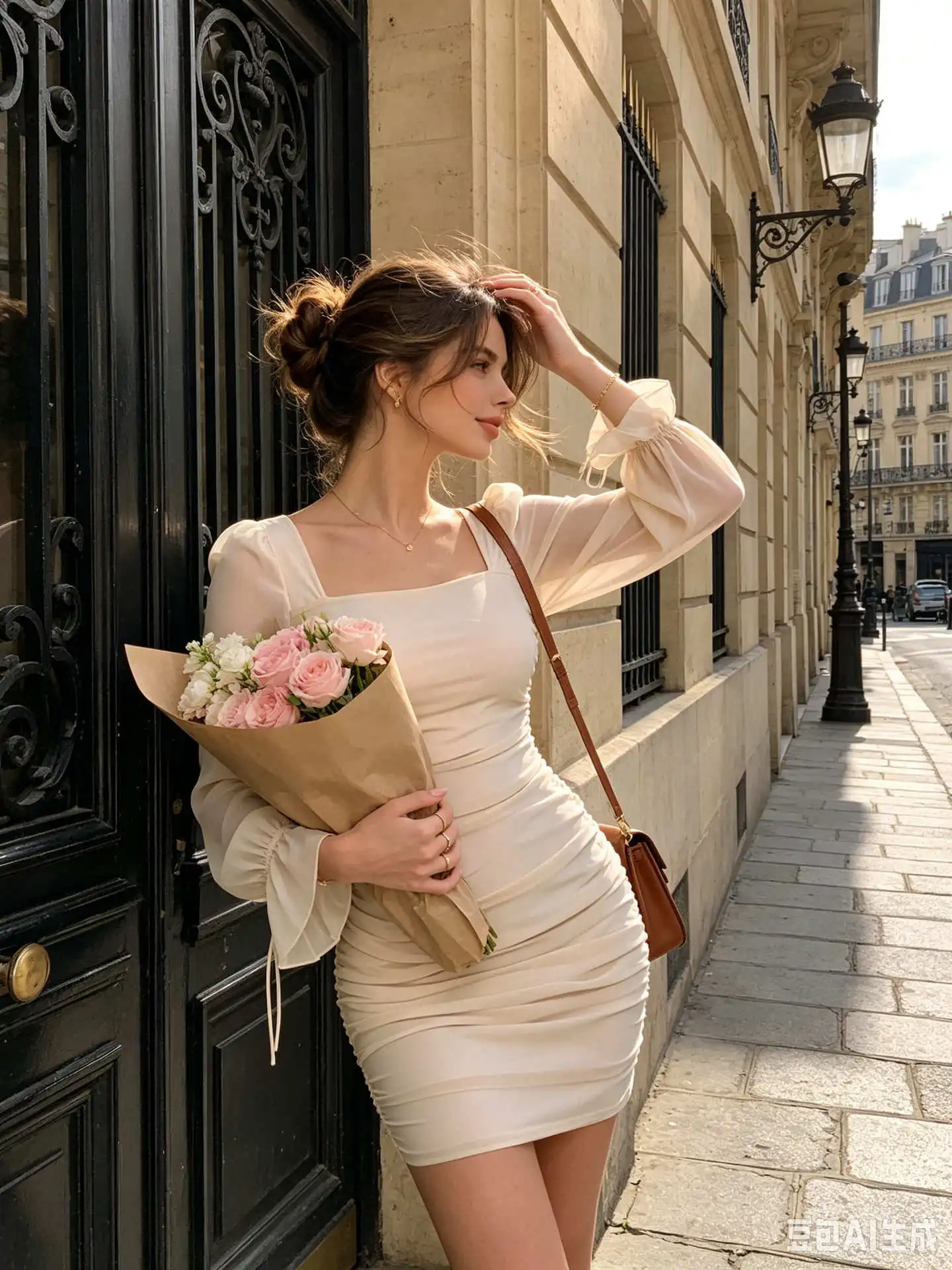 Damen-Minikleid mit quadratischem Ausschnitt, langen Puffärmeln, Kordelbündchen, gerafftem, figurbetontem Schnitt, kurze Kleider für Damen, Herbst, plissierte Vestidos – Detail 3