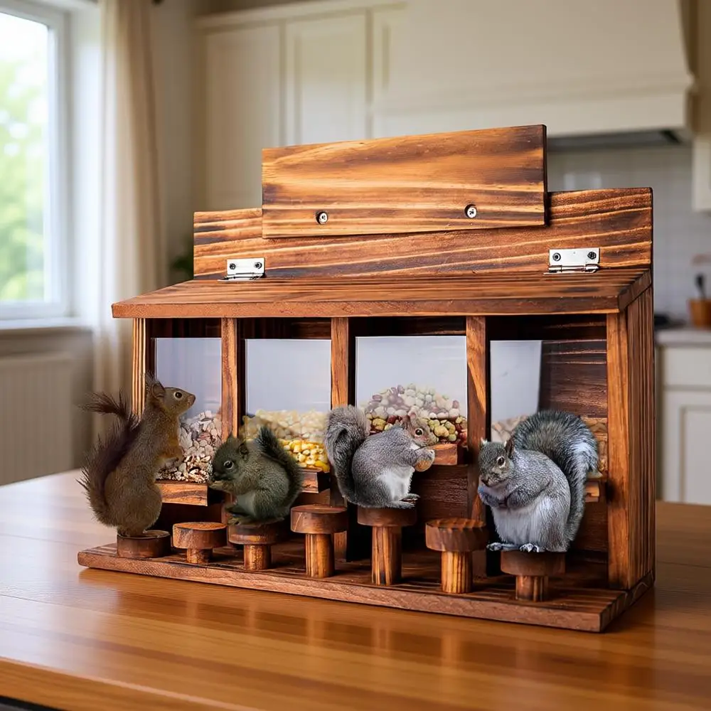 

Деревянная кормушка для белок со стабильной опорной планкой, прочным держателем для кукурузных початков, 16x12x7 дюймов, отделка из обожженного дерева