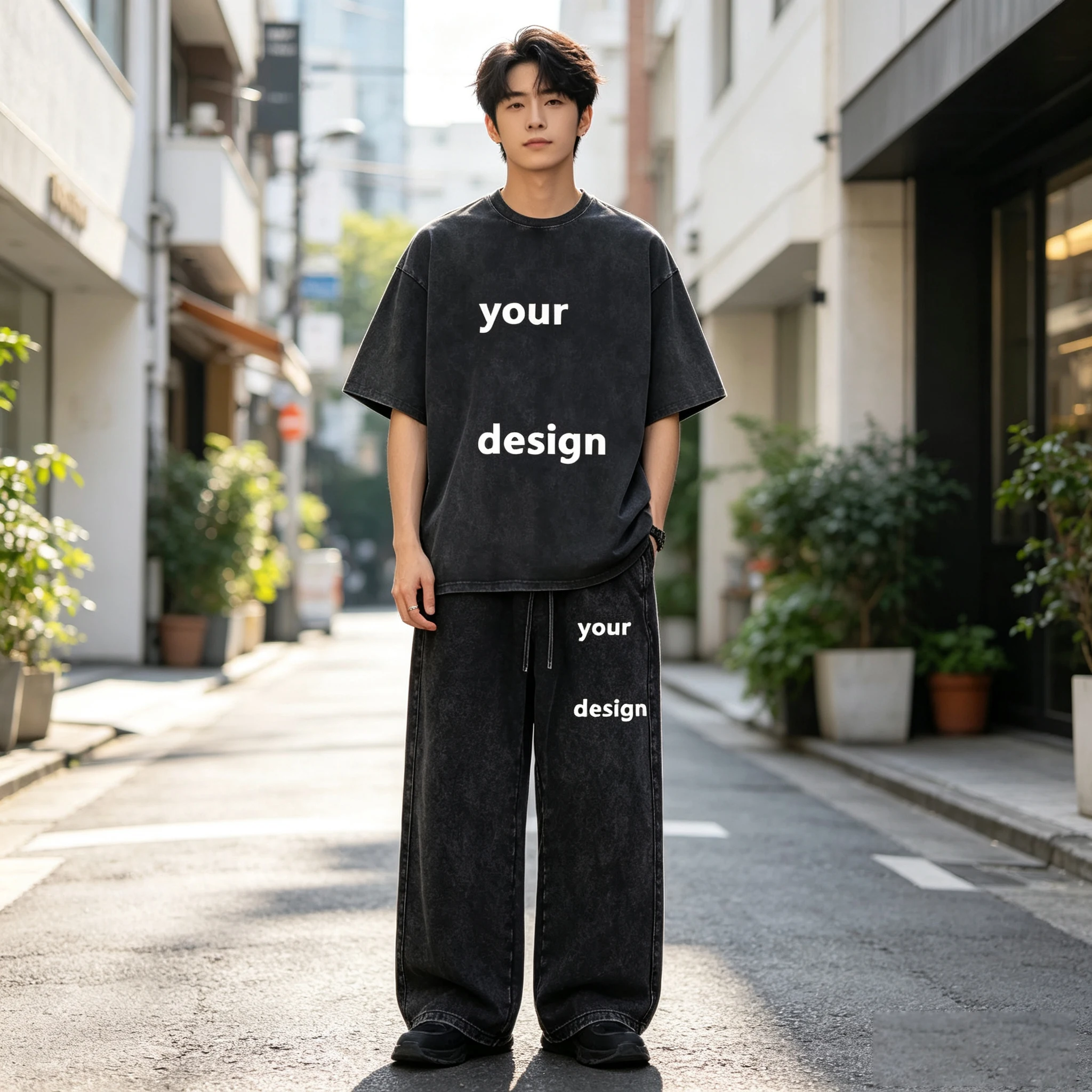 Men Women Cotton Washed T Shirt Pants Set 230G Custom Printed T Shirt Matching Set DIY Logo Pattern Casual Streetwear Outfit