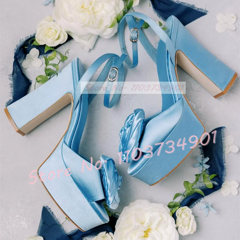 Classy Blue Rose Satin Platform Sandals Female Open Toe Block High Heels Shoes Women Party Wedding Ankle Strap Big Size Sandals