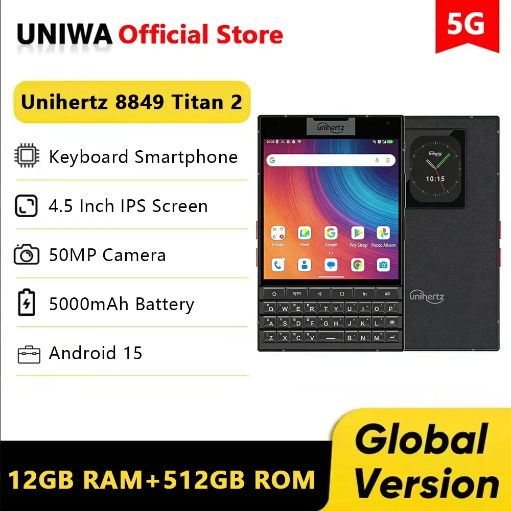 Unihertz 8849 Titan 2 Rugged Phone 5G QWERTY Keyboard 4.5 Inch 12GB 512GB Mobile Phone 5000mAh 33W 50MP Dual Display Cell Phones