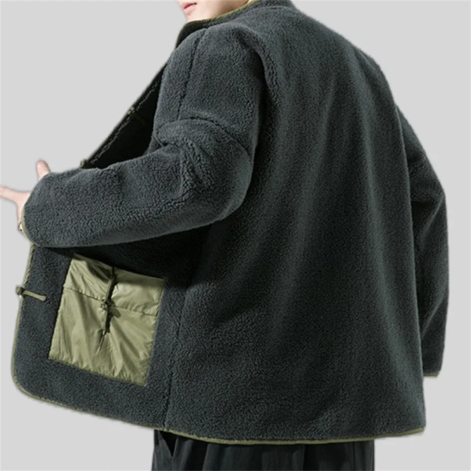 Parkas informales de lana de cordero para hombre, chaqueta gruesa de talla grande, chaqueta cálida de algodón con hebilla de disco, ropa de calle