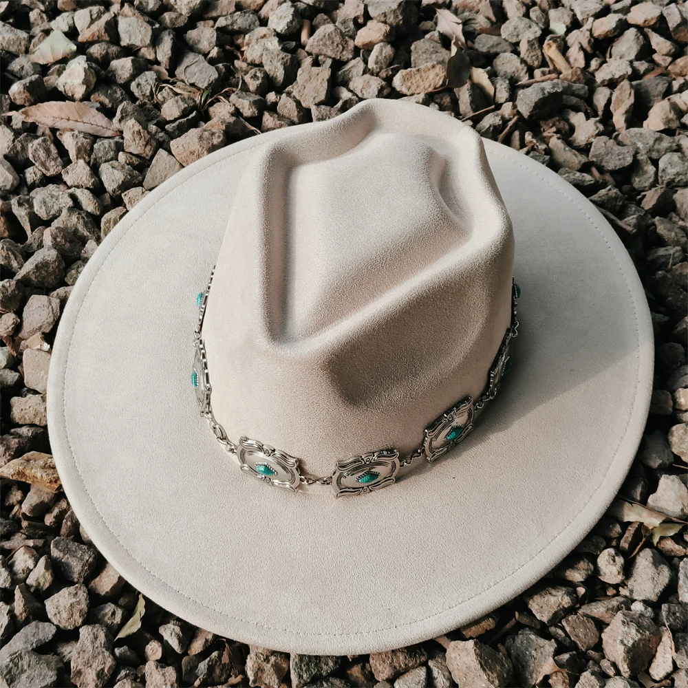 Classic Beige Suede arrow crown Hat Turquoise Concho Belt fedora suede wide brim Casual wholesale unisex chapeau sombrero hombre