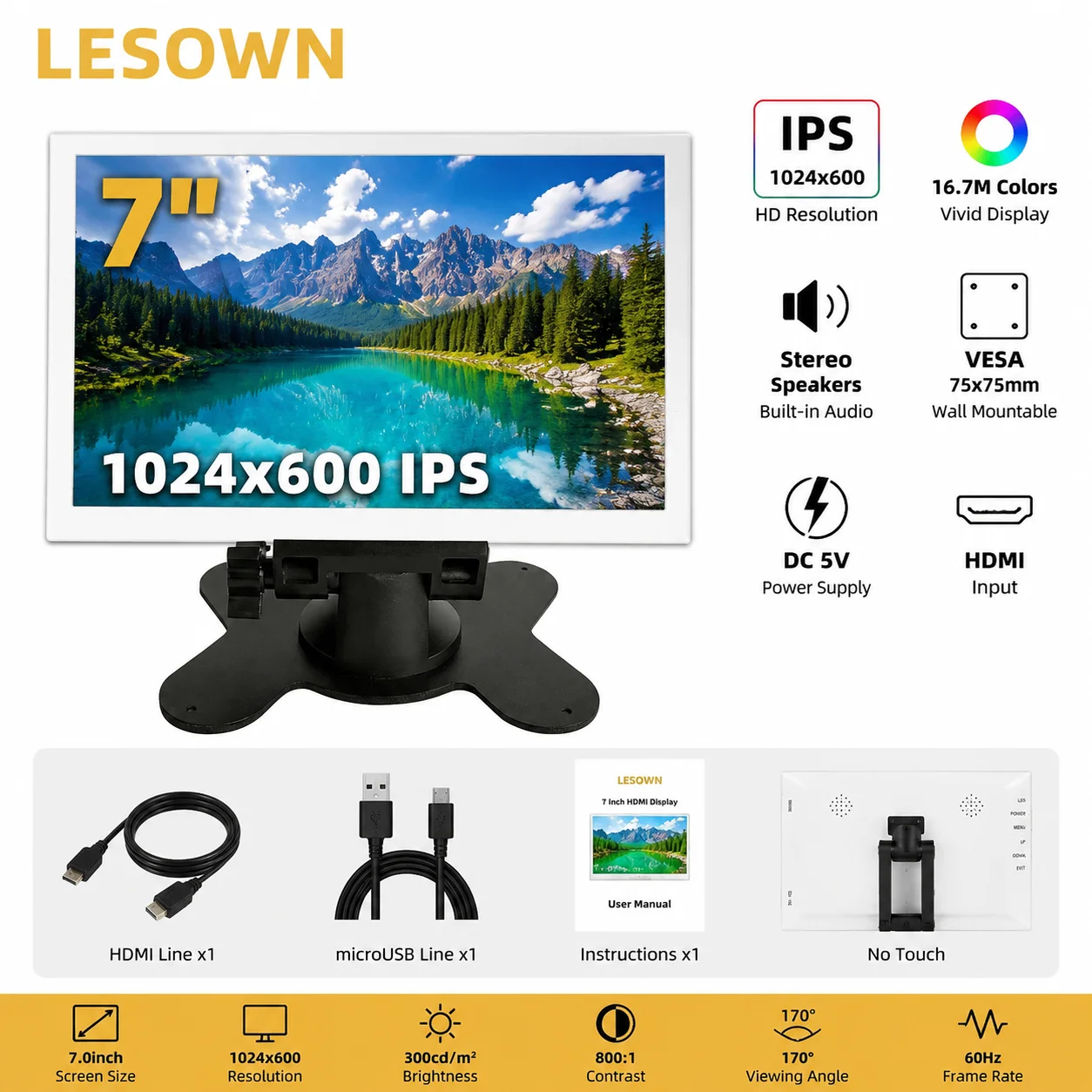LESOWN Computer Temperature Dashboard 7" Metal Enclosure 1024x600 HDTV Secondary Screen VESA Mount with Speaker