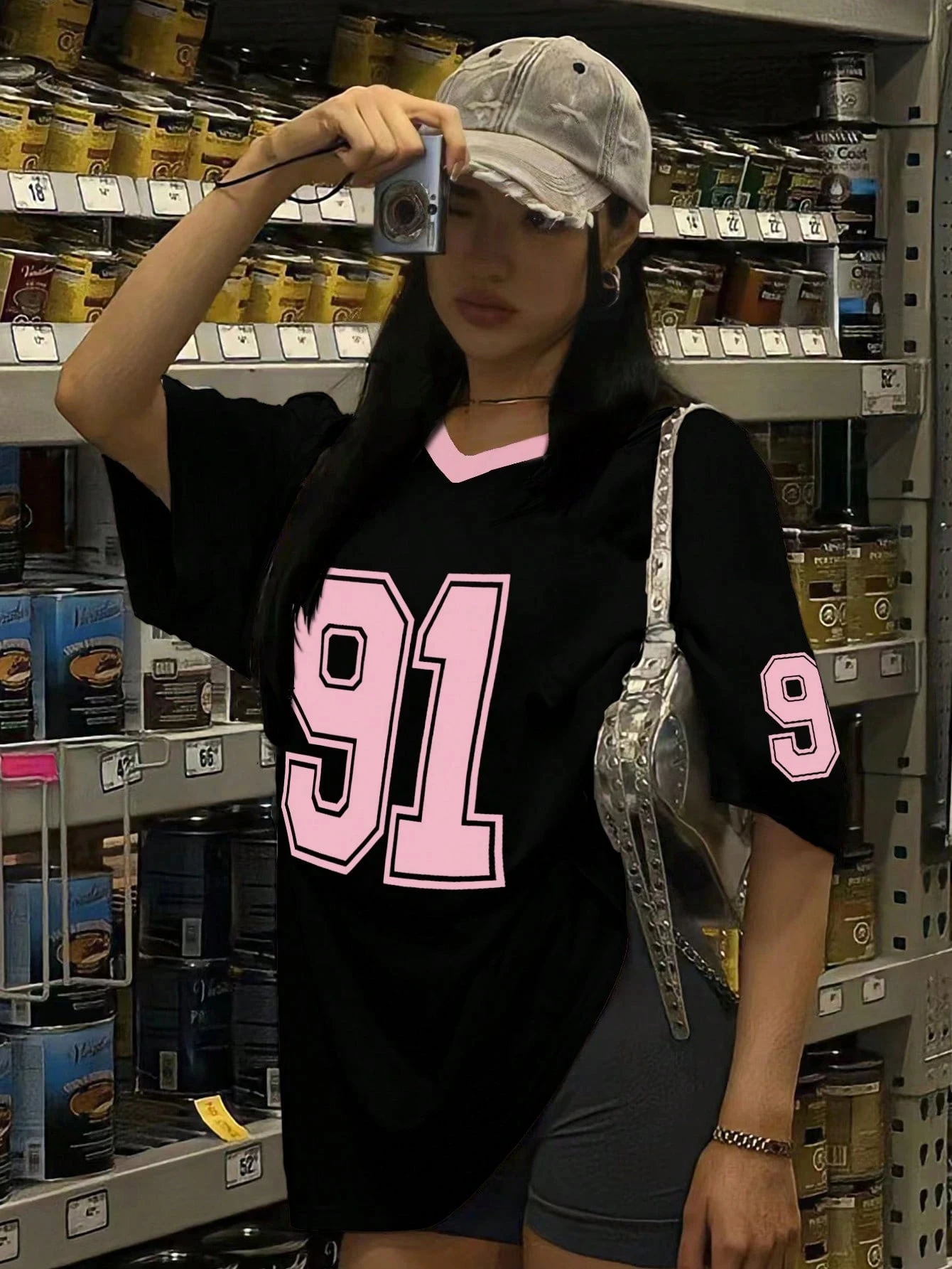 Women's Los Angeles Baseball Jersey - V - Neck Striped Sleeves, Big "23" Print Casual Oversized Fit for Trendy Sporty Looks