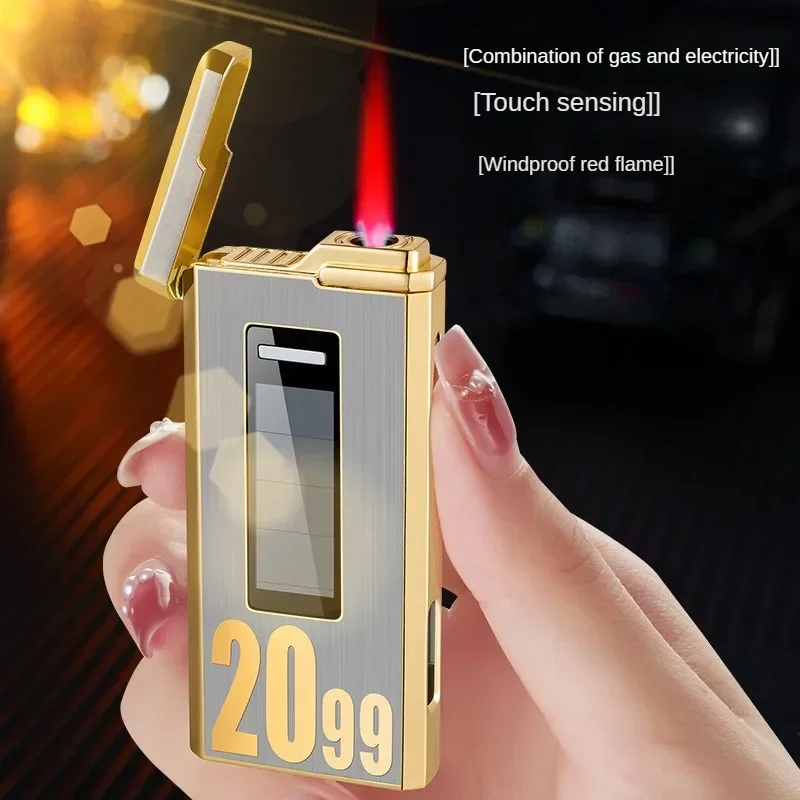 New Touch Sensing Solar Rechargeable Lighter Metal Outdoor Windproof Butane Gas Lighter Turbo Torch Red Flame Jet Lighter