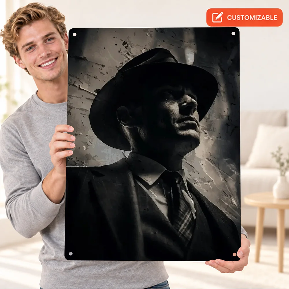 Vintage Gangster Portrait Textured Metal Poster Personalized Aluminum Sign Man In Hat Illustration Wall Art For Home Theater