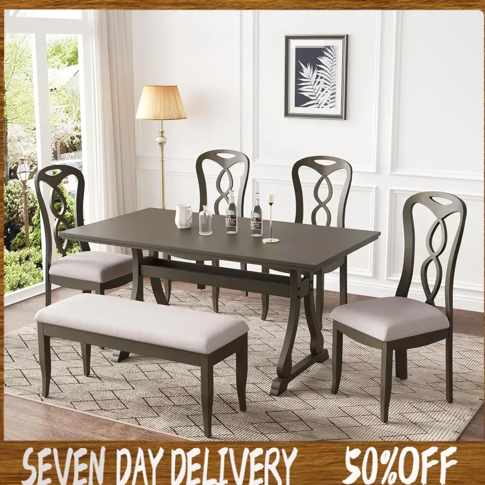 

63 Inch Dining Table Set for 6, Retro 6-Piece Trestle Dining Table Set with Upholstered Chairs, Kitchen Table and Chairs Set