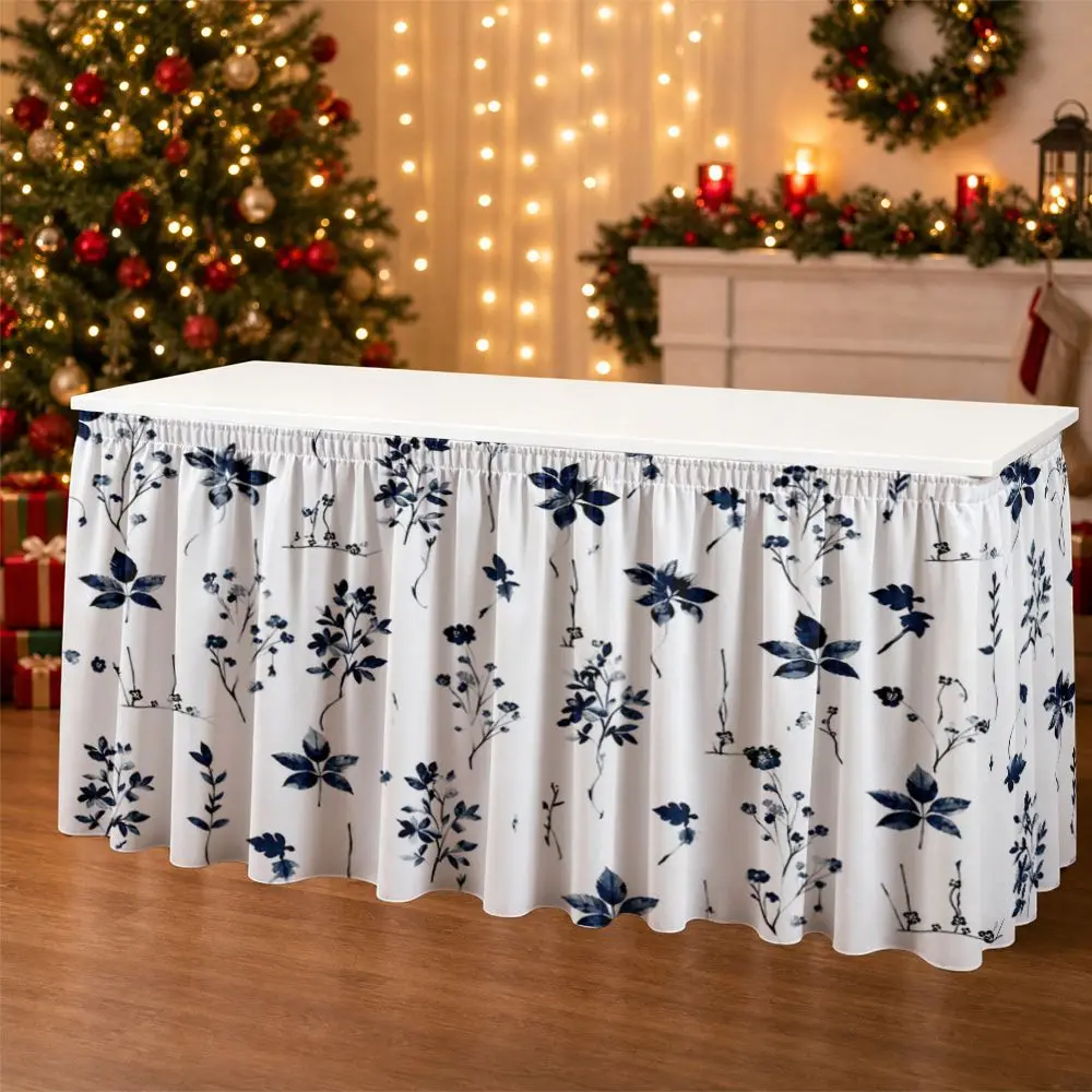 One-piece party table skirt decoration - blue floral plant pattern printed ruffled tablecloth - suitable for garden tea parties