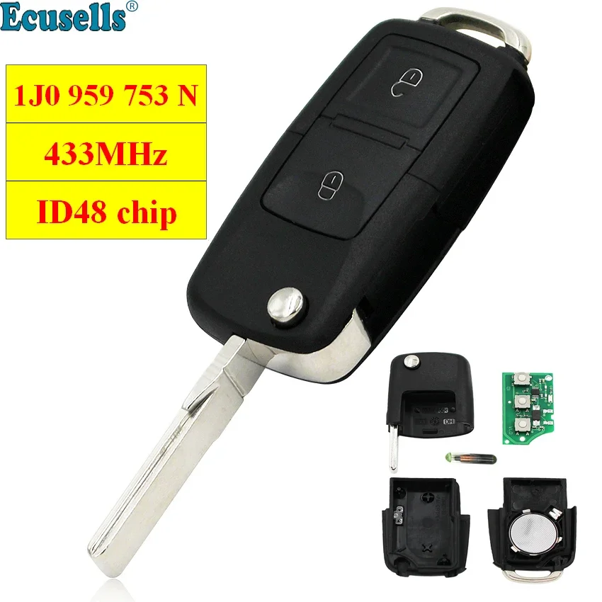 REMOTE KEY FOB 2 BUTTON 433MHZ WITH ELECTRONICS 1J0 959 753 N 1J0959753N FOR  FOR  PASSAT GOLK MK4 with ID48 CHIP