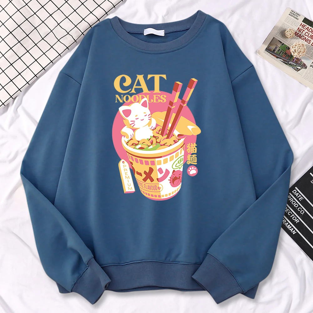 Simple Trend Womens Sweatshirts Japanese Cat Noodles Premium Print Hoodies Fleece Soft Pullovers Loose Warm Female Sportswears