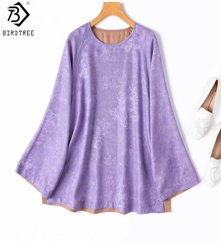

Birdtree 100% Silk Purple Shirt,Women Jacquard Satin Reversible Raglan Sleeve O-neck Autumn Loose Blouse T59136JF