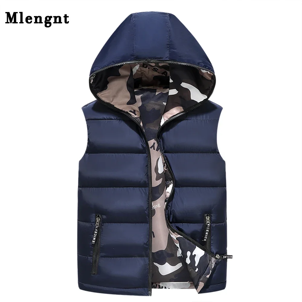 

New Men's Reversible Vest Simple Hooded Sleeveless Jackets Stylish Camouflage Double Side Windproof Warm Waistcoats Men Clothing