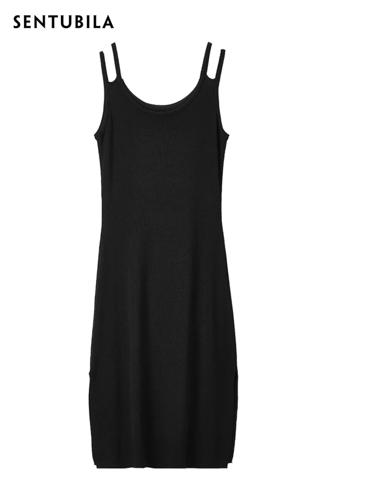 SENTUBILA Bodycon Knitted Dress for Women 2024 Summer Sexy Party Club Solid Side Split Sundress Simple Long Tank Sweater Dress