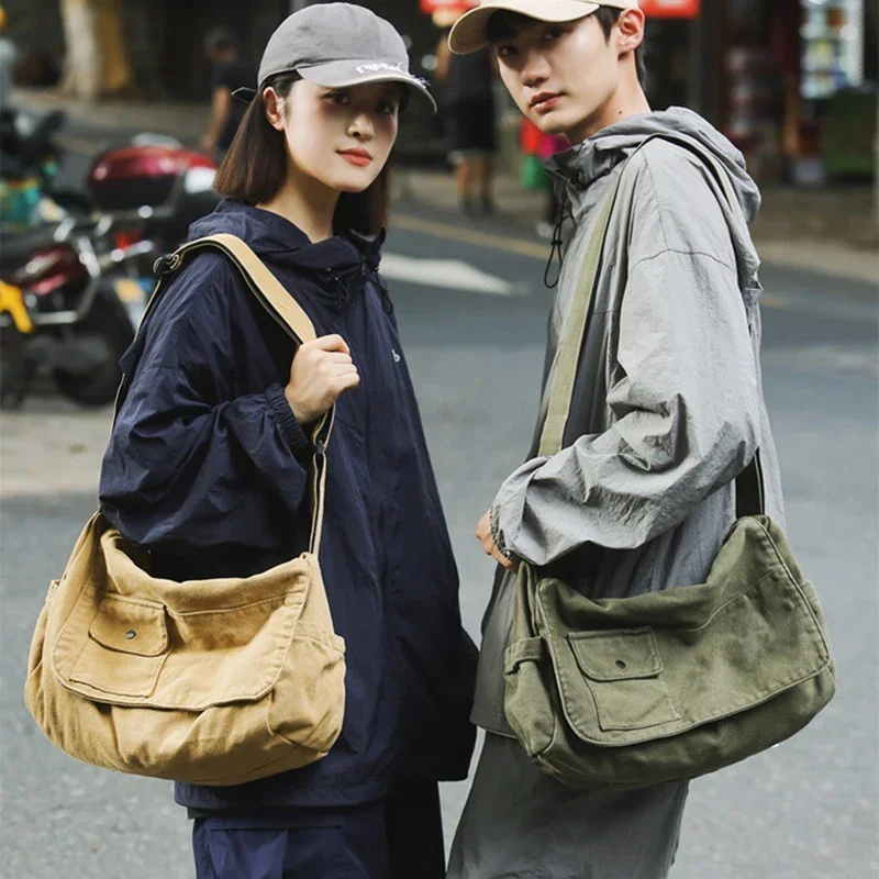 

Unisex Casual Square Bag New Solid Color Wash Canvas Shoulder Messenger Bag Multifunctional Adjustable Large-capacity Flip Bag