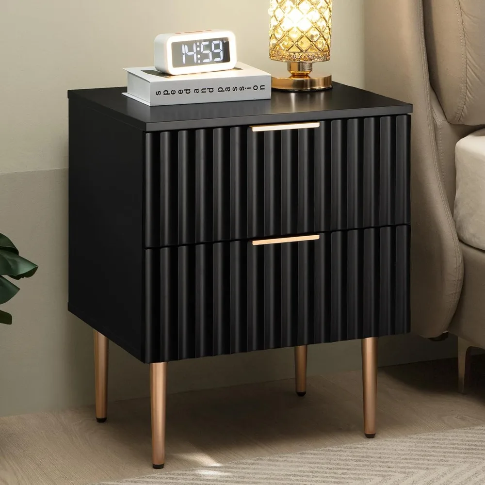 Black bedside table, grooved glossy bedside table with 2 drawers, spacious modern storage bedside table in the bedroom