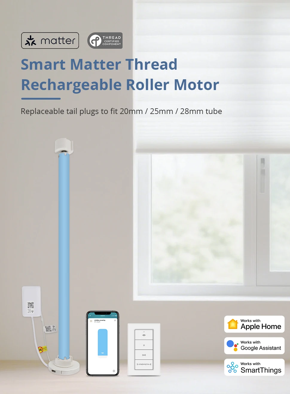 Zemismart Matter Thread Wiederaufladbarer Rolladenmotor für 20 25 28mm Rohre, Kompatibel mit Homekit, Google Home, Smartthings, Alexa – Detail 1