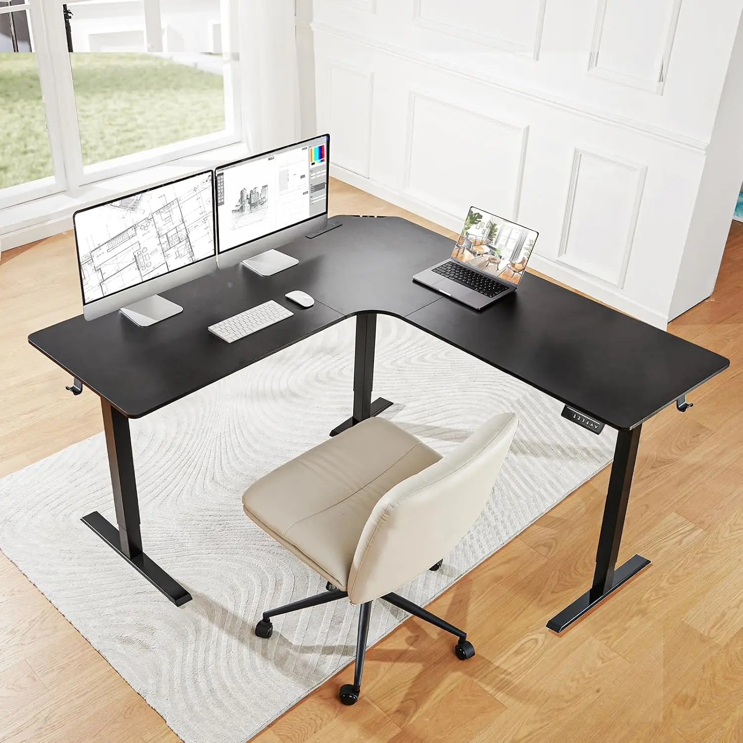 L-Shaped Standing Desk With Power Outlets, 63x63 Inch, Black, Customized