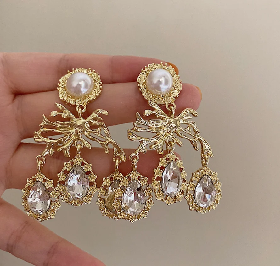 2022 new S925 silver needle gold branch pendant Vintage Baroque Pearl Earrings for women Fashion Jewelry