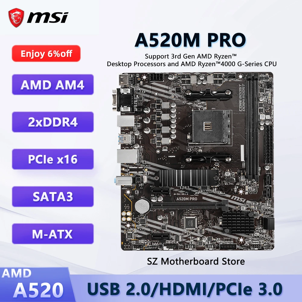 

MSI A520M PRO AMD A520 AM4 Gaming Motherboard Support Ryzen 5700X 3400G 5500 5900X CPU DDR4 SATA 6Gb/s M.2 slot M-ATX
