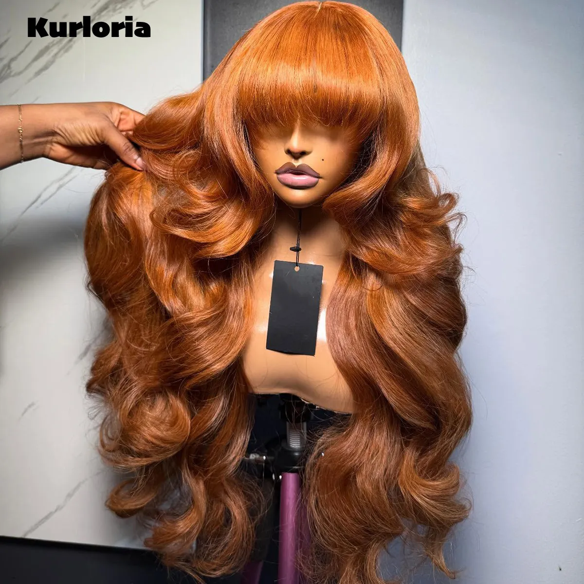 Orange 450 Density Long Straight Wig with Bangs 3x1 HD Lace Closure Wig 100% Human Hair Glueless Wear and Go Wig for Women