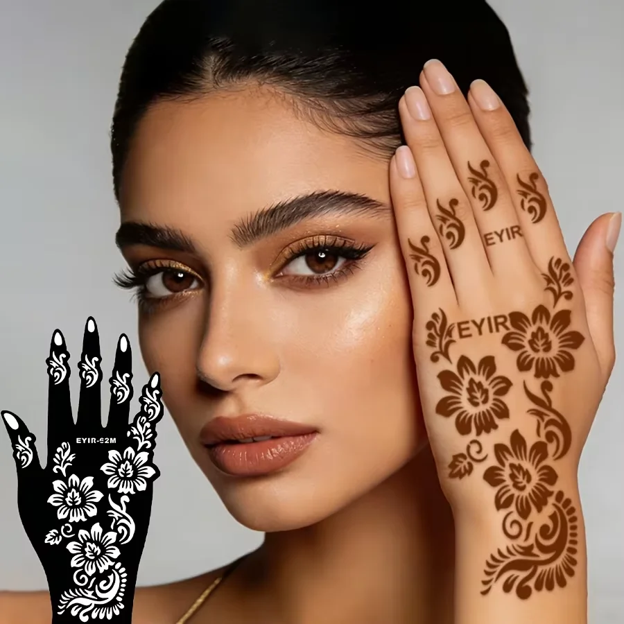 EYIR 3 Color Temporary Tattoo Paste Kit with 5PCS Henna Hand Stencils Waterproof Body Art Ink for DIY Festival Party view 3