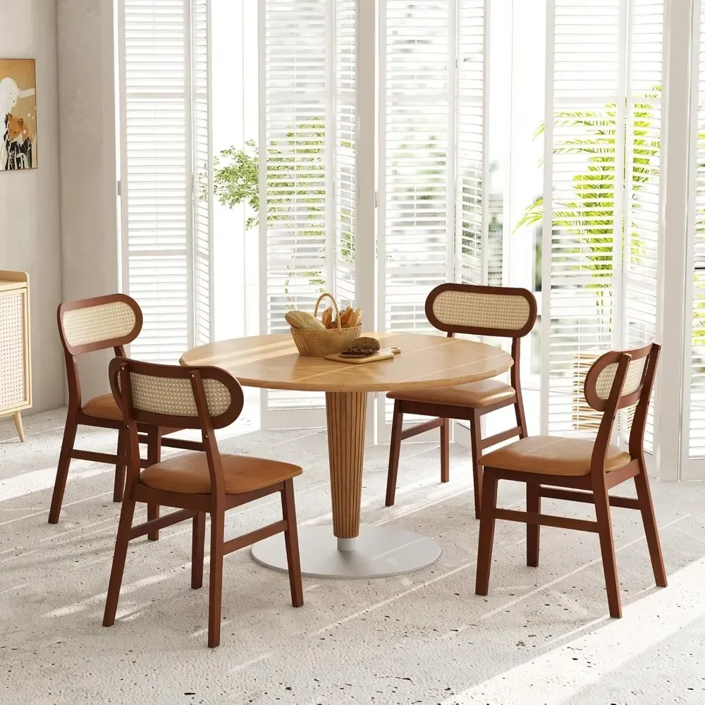 Wooden Dining Chairs Set of 4, Mid-Century Modern Kitchen with Upholstered Seat & Rattan Backrest, Faux Leather Cover, Armless