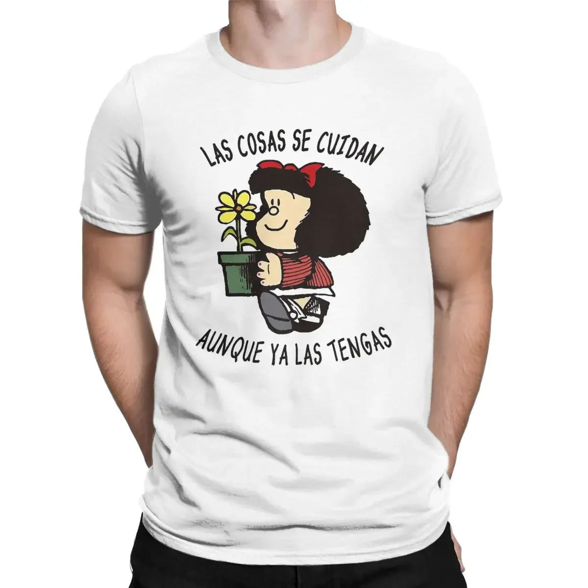 Men T-Shirts Mafalda And Flower Pot Vintage Pure Cotton Tees Short Sleeve Quino Cartoon T Shirt Crew Neck Clothes Plus Size