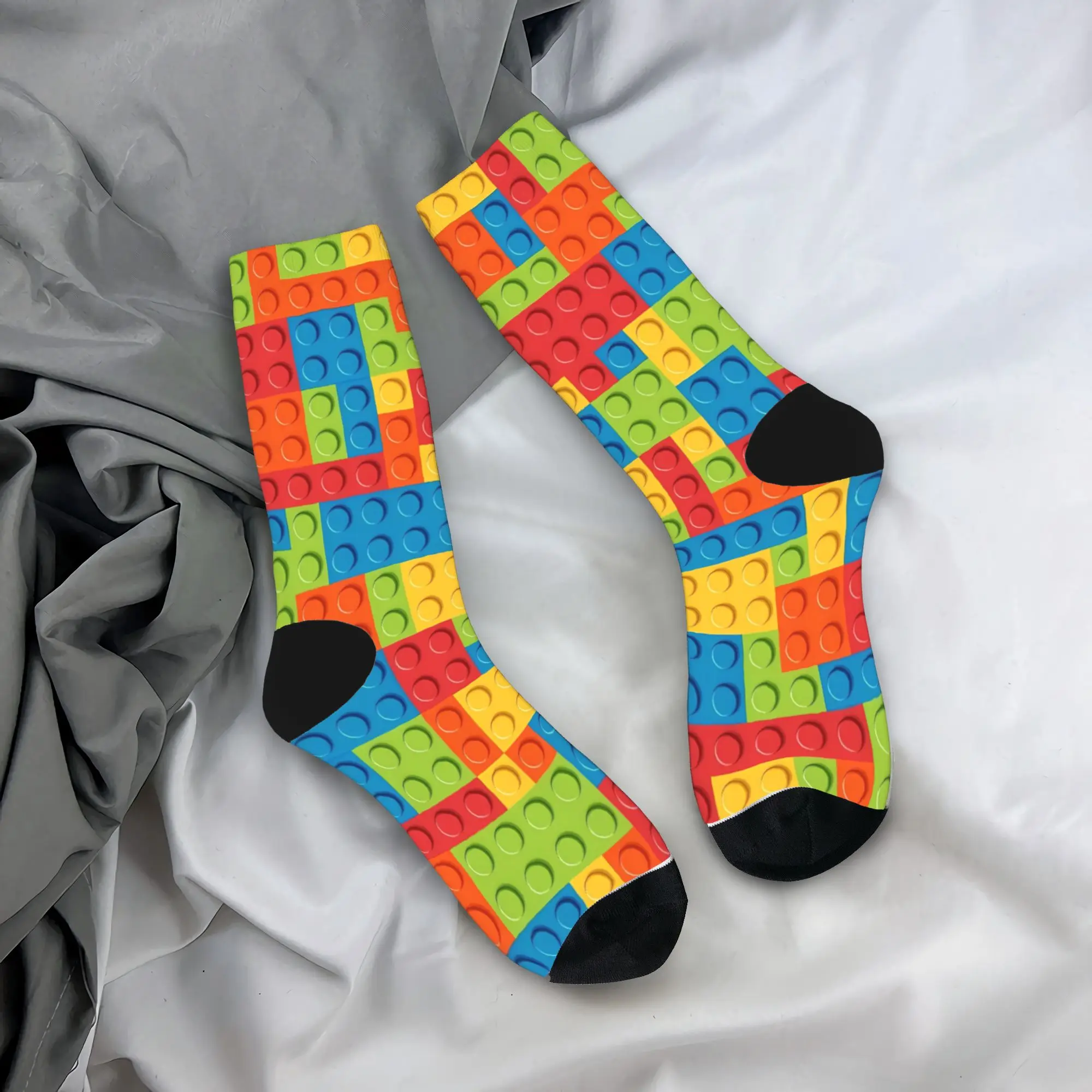 Adults Men Socks Vertical Colorful Building Blocks Pattern Stockings Spring Fashion Breathable Socks Pattern Running Anti Socks