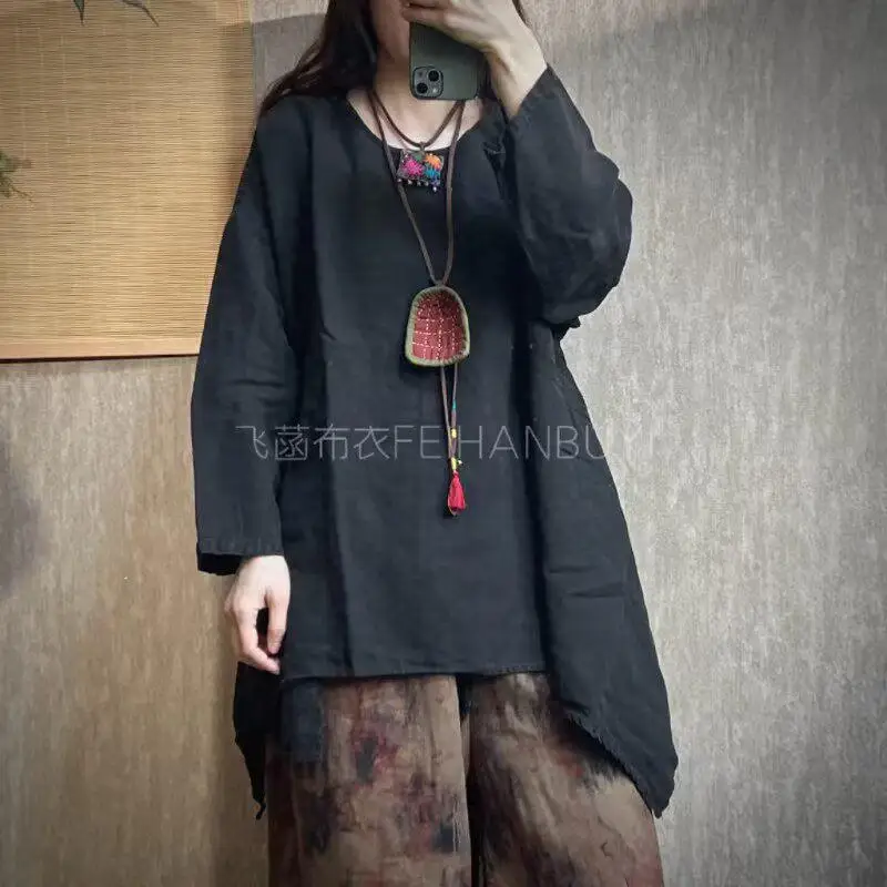 2026 New Spring Arts Style Women Long Sleeve O-neck Loose Tee Shirt Femme Tops Asymmetry Cotton Linen Casual Tshirt Good Quality