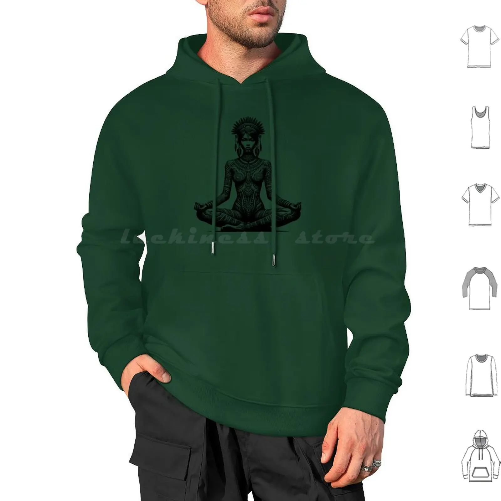 Spiritual Shaman : Graceful Sitting Woman With Native Touches Hoodie cotton Long Sleeve Shaman Woman Art Spiritual Female