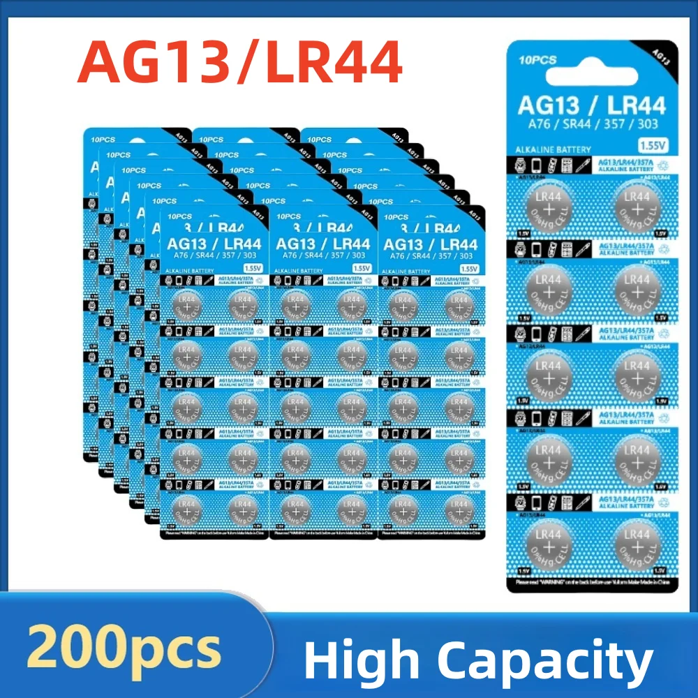 

200PCS AG13 LR44 Cell Coin 1.55V L1154 RW82 SR1154 SP76 A76 LR1154 GP7 357 SR44 Alkaline Button Batteries for Watch Toys Remote