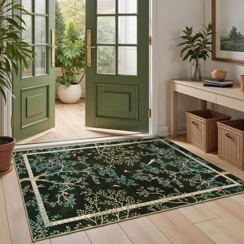 Botanical Birds Moss Green Area Rug For Living Room