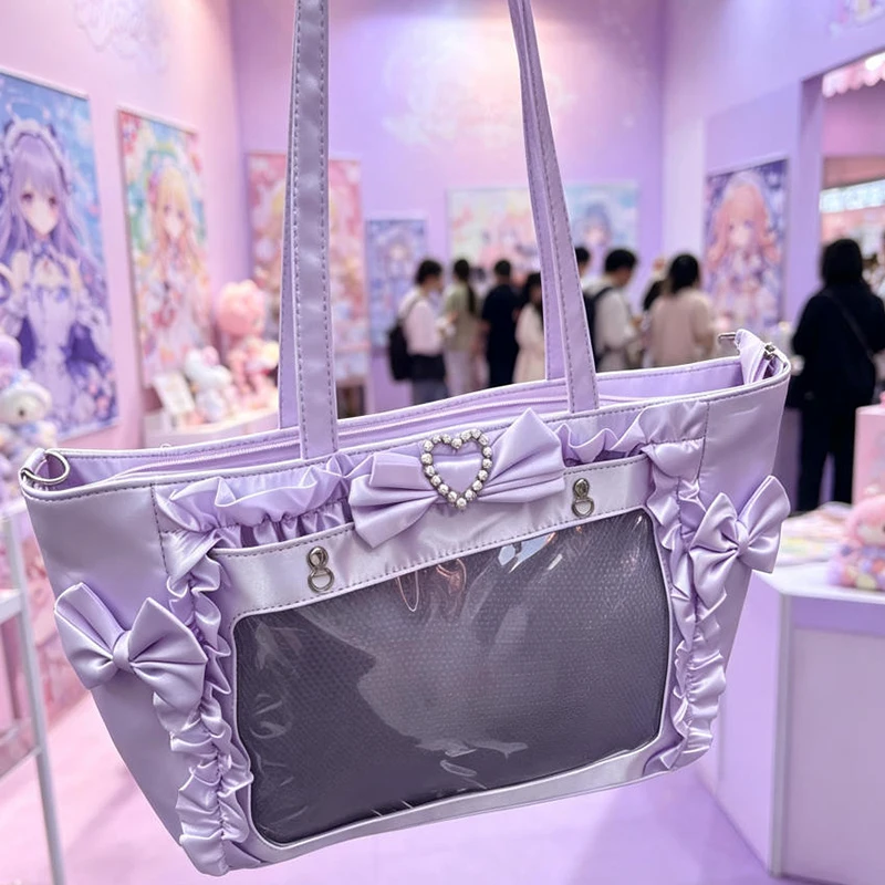 Ita-Tasche mit Klarsichtfenster für Abzeichen, Pins und Puppen, Japanische Süße Niedliche Satin-Schleife mit Spitzenbesatz, Große Kapazität Handtasche – Detail 12
