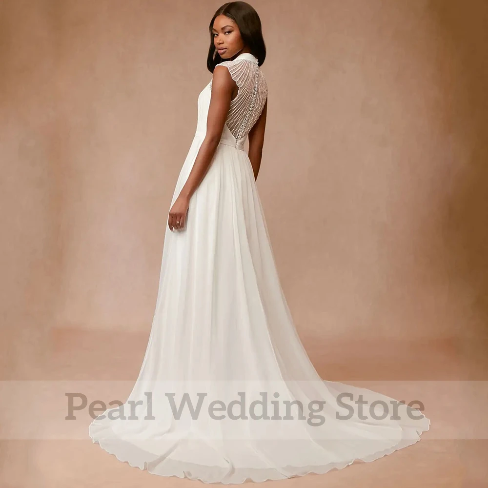 Charming Cap Sleeve Wedding Dress Chiffon V-Neck A-Line Floor Length with Belt and Beaded Bridal Beach Seaside Marriage Gowns