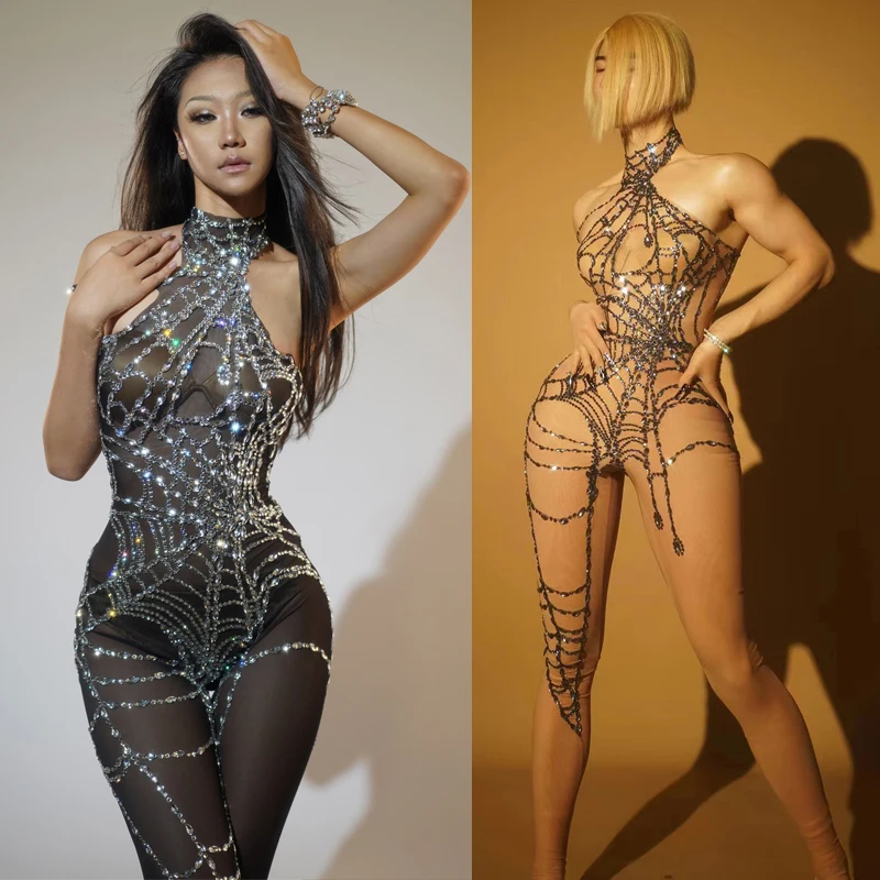 

New Sexy Mesh Web Rhinestones Jumpsuit Women Gogo Pole Dance Clothing Halloween Drag Queen Costume Nightclub Dj Ds Rave Outfit