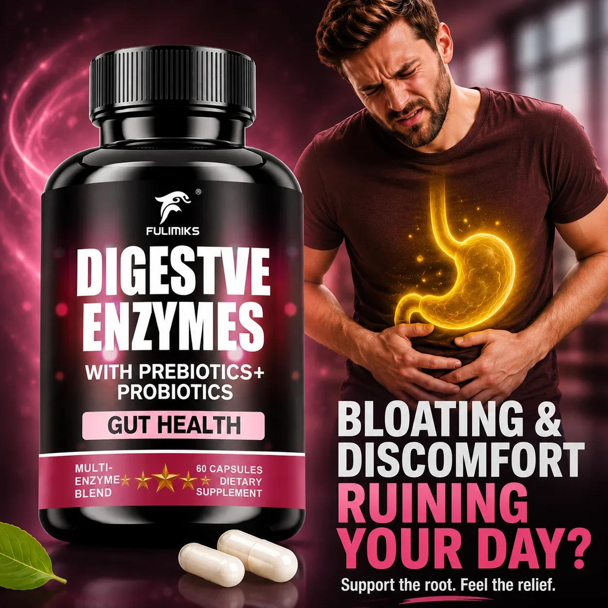 Digestive Enzymes Capsules with Prebiotics & Probiotics, Reduce Bloating & Gut Discomfort, Support Intestinal Flora Balance