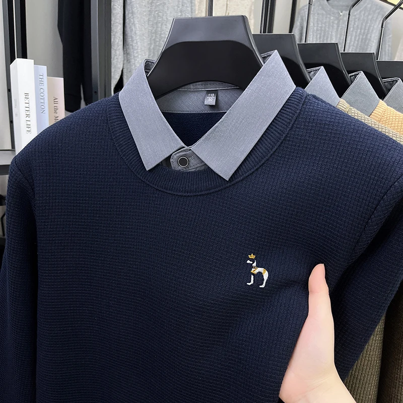 Luxury Quality Men's Knitted Sweater Fake Two-Piece Cartoon Dog Embroid Long Sleeve Winter Shirt Collar Business Casual Menswear