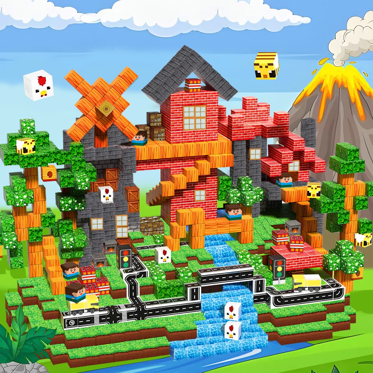 磁気ブロック - 草原磁気ビルディングブロックセット、子供用教室感覚玩具、男の子と女の子のための森を構築するセット