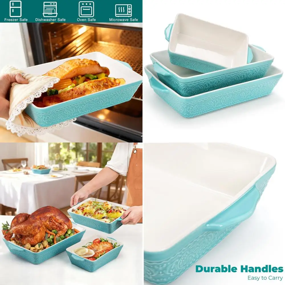 

3-Piece Ceramic Baking Dish Set: Oven-Safe, Non-Stick Rectangular Casseroles with Durable Handles, Stackable for Space-Saving, I