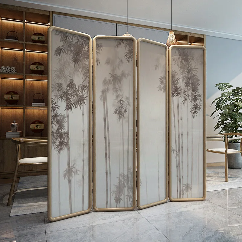 New Chinese-style solid wood screen partition living room entrance folding mobile office hotel tea room background folding scree