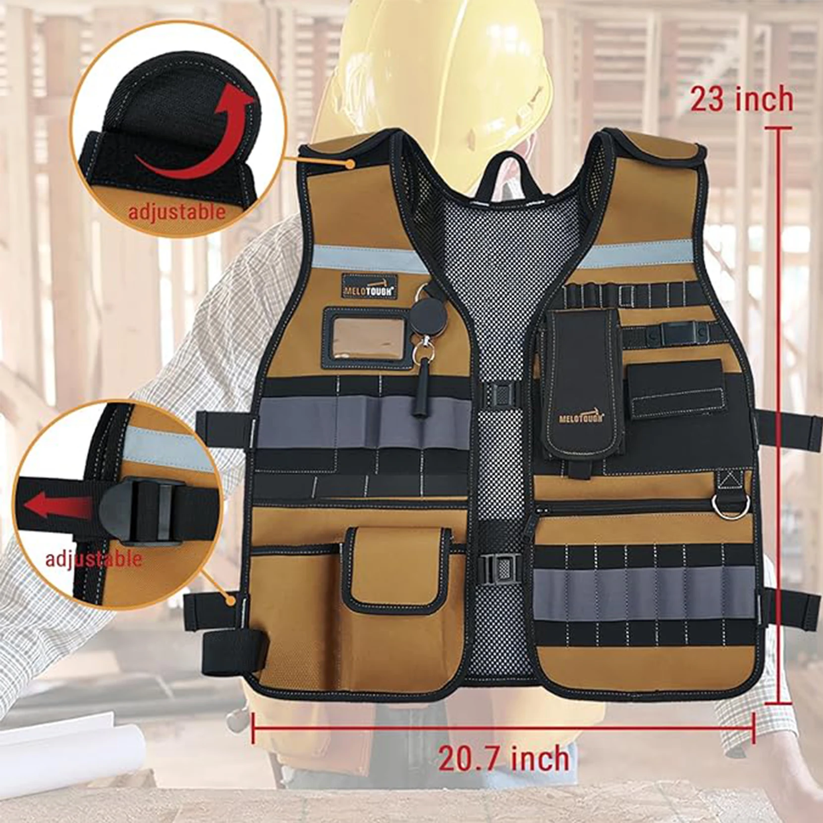 MELOTOUGH Tool Vest Safety Work Vest with Adjustable Straps,Removable Phone Holder for Electrician,Construction,Carpenters