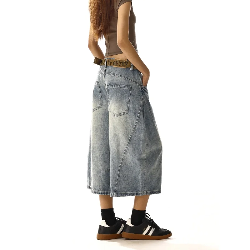 Damskie, luźne, szerokie jeansy unisex z podwiniętymi nogawkami, krótkie spodnie w stylu cool girl, damskie spodnie do łydki, proste spodnie, szorty jeansowe.
