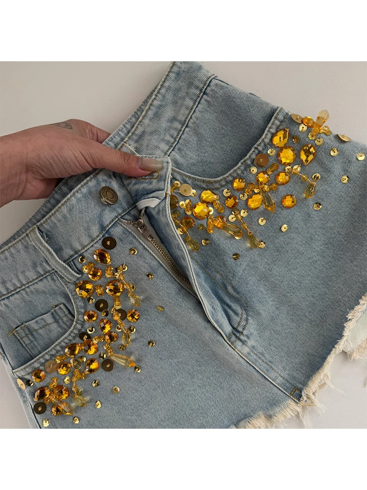 Summer Women Birthday Rave Idols Korean Fashion Gyaru Y2k Coquette Denim Outfits 2-częściowy zestaw Cekinowy top + Damage Mini spódniczka